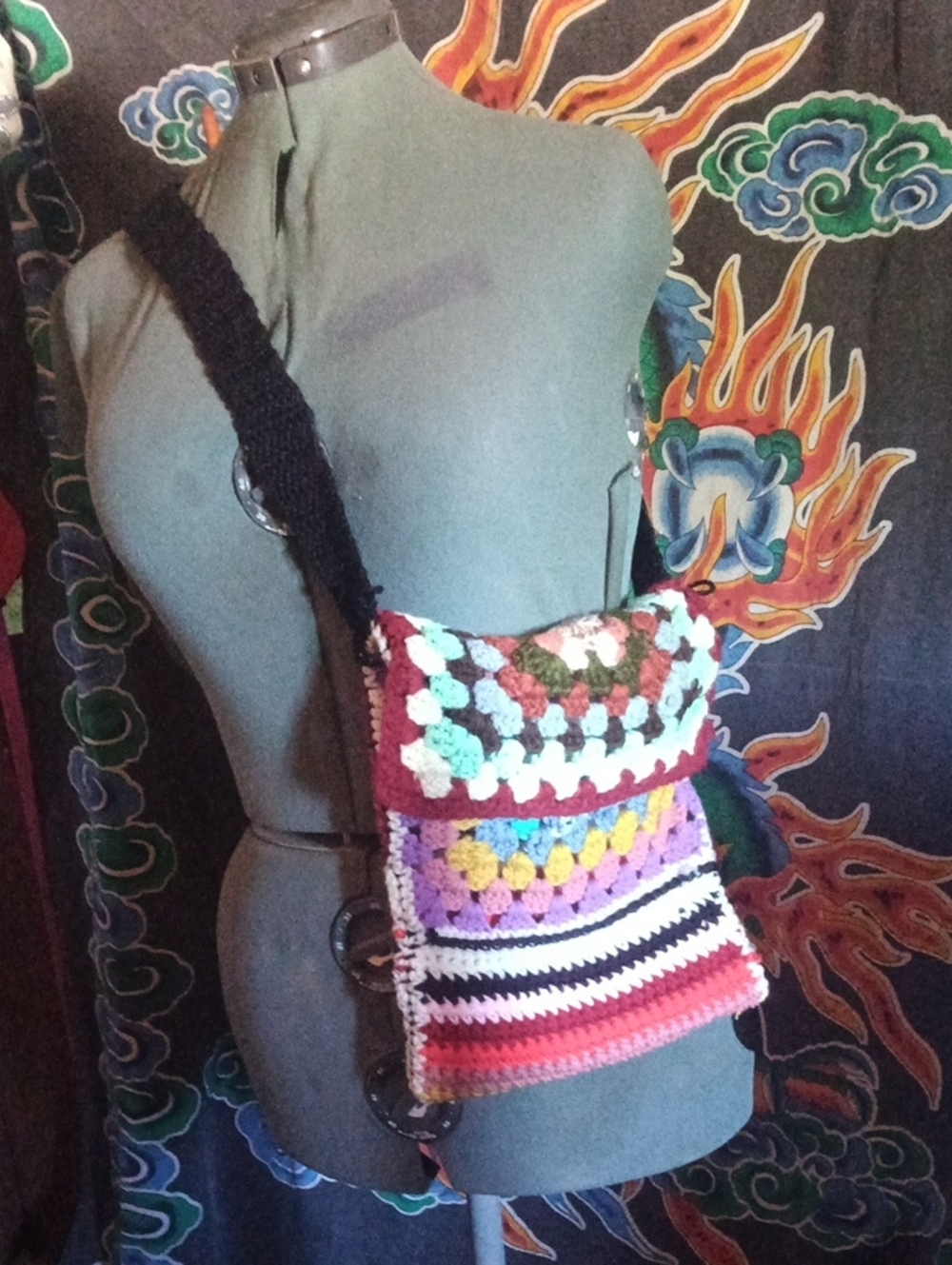 Hand Crafted Multicolor Crochet 9x12 Crossbody Bag with Black Strap